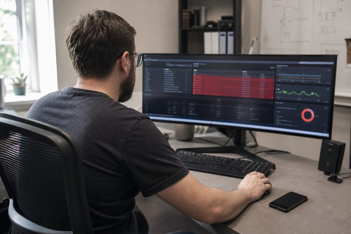 IT administrator viewing a monitoring dashboard full of red alerts beside a phone with no new messages