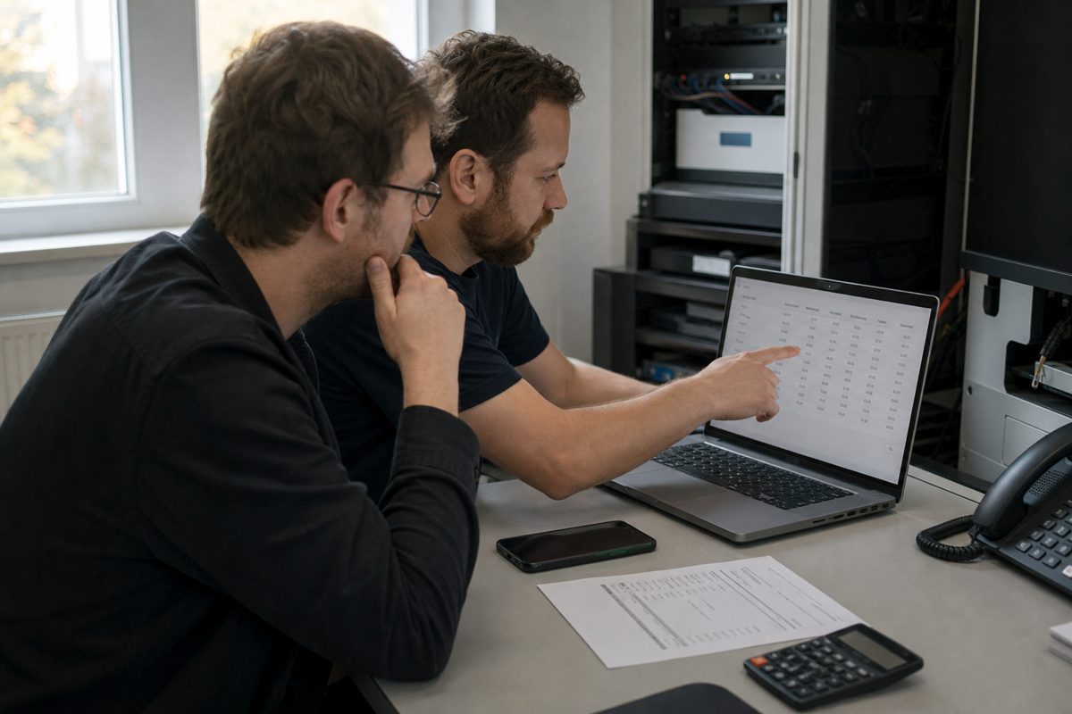 A small IT team at a desk working out a per-user software bill on a laptop, with a phone beside the keyboard