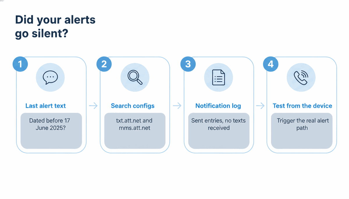 Diagram of the four checks for silent alert failure: last received text, config search for txt.att.net, notification log review, and a live test from the device