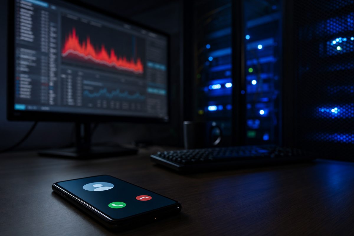 A phone ringing with an incoming call on a desk in a dark server room, in front of a monitoring screen full of red alerts